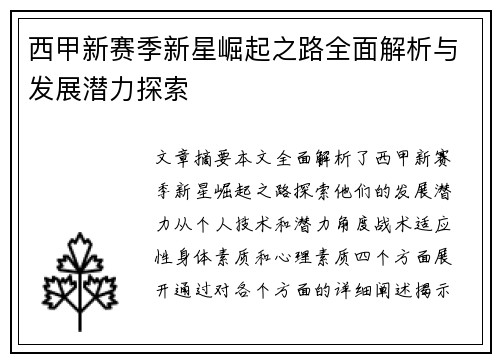西甲新赛季新星崛起之路全面解析与发展潜力探索