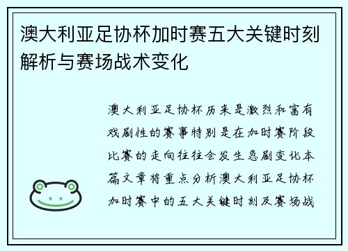 澳大利亚足协杯加时赛五大关键时刻解析与赛场战术变化 澳大利亚足协杯加时赛五大关键时刻解析与赛场战术变化